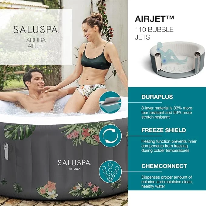 Bestway Aruba AirJet SaluSpa 3 Person Round Inflatable Hot Tub, Gray