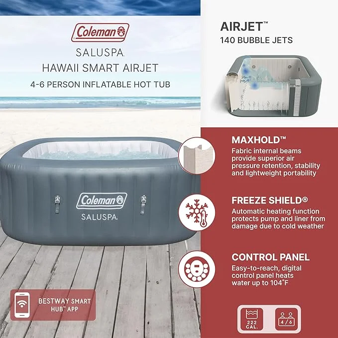 Coleman AirJet SaluSpa 4 to 6 Person Square Inflatable Hot Tub, Gray