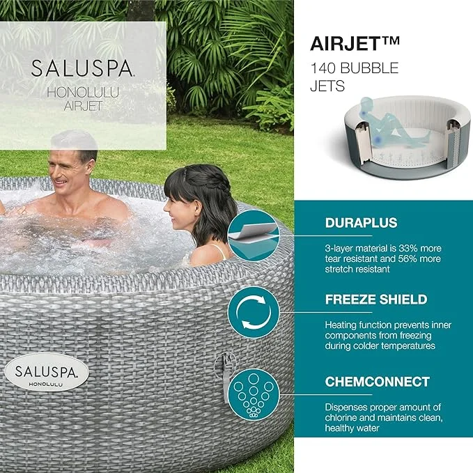 Bestway Honolulu AirJet SaluSpa 6 Person Inflatable Hot Tub, Gray