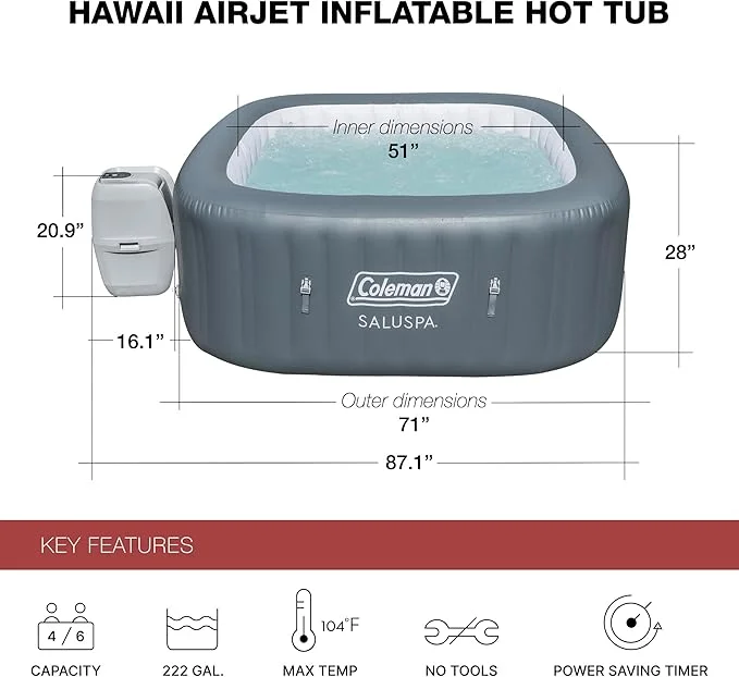 Coleman AirJet SaluSpa 4 to 6 Person Square Inflatable Hot Tub, Gray